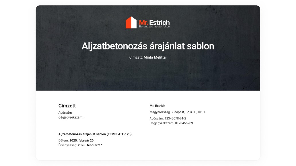 Aljzatbetonozás árajánlat sablon