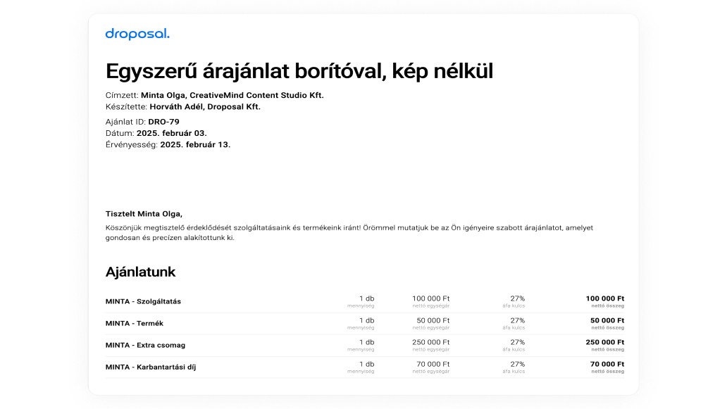 Egyszerű ajánlat borítóval, kép nélkül